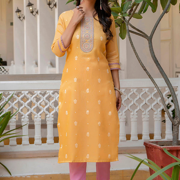 Vellora Shimmer Silk Mustard Casual Wear Embroidery Work Readymade Kurti - Distacart