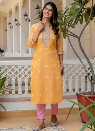 Vellora Shimmer Silk Mustard Casual Wear Embroidery Work Readymade Kurti