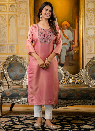 Vellora Shimmer Silk Baby Pink Casual Wear Embroidery Work Readymade Kurti