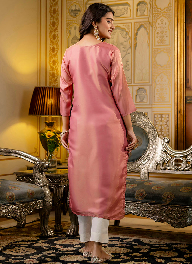Vellora Shimmer Silk Baby Pink Casual Wear Embroidery Work Readymade Kurti