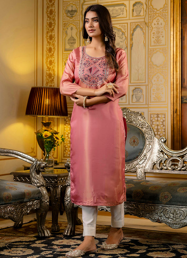 Vellora Shimmer Silk Baby Pink Casual Wear Embroidery Work Readymade Kurti