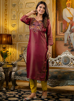 Thumbnail for Vellora Shimmer Silk Brown Casual Wear Embroidery Work Readymade Kurti