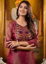 Thumbnail for Vellora Shimmer Silk Brown Casual Wear Embroidery Work Readymade Kurti