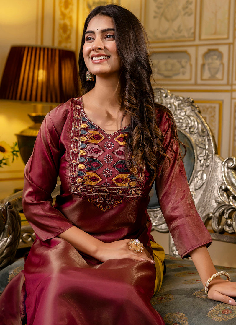 Vellora Shimmer Silk Brown Casual Wear Embroidery Work Readymade Kurti