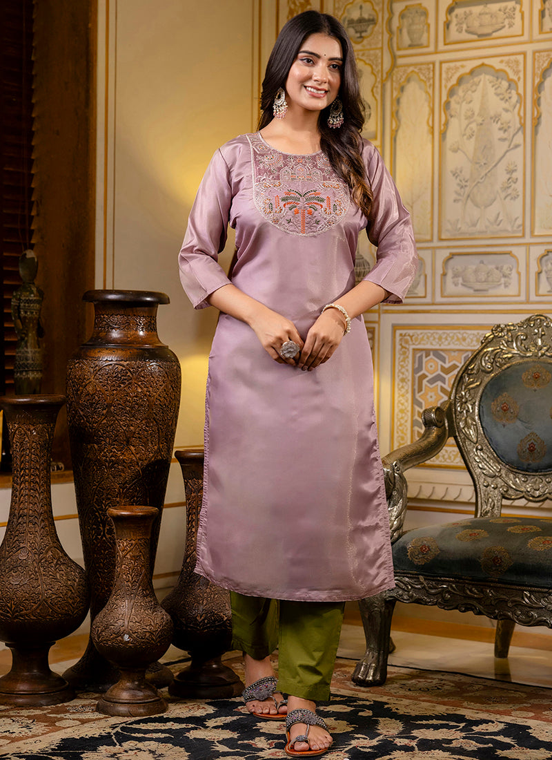 Vellora Shimmer Silk Lavender Casual Wear Embroidery Work Readymade Kurti