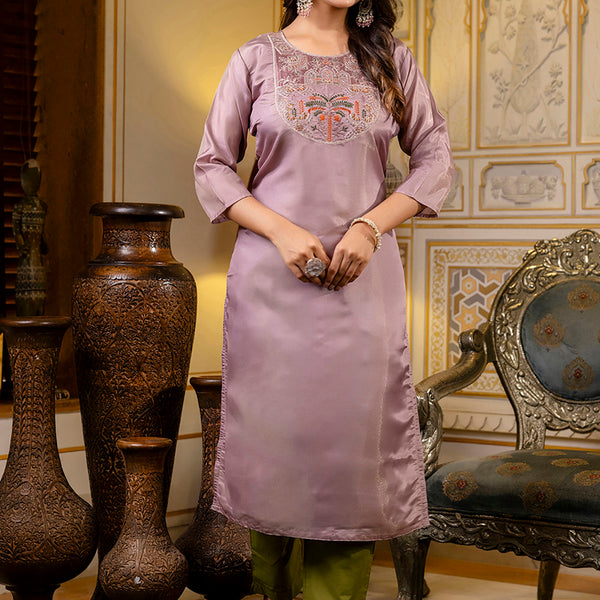 Vellora Shimmer Silk Lavender Casual Wear Embroidery Work Readymade Kurti - Distacart