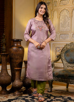 Thumbnail for Vellora Shimmer Silk Lavender Casual Wear Embroidery Work Readymade Kurti