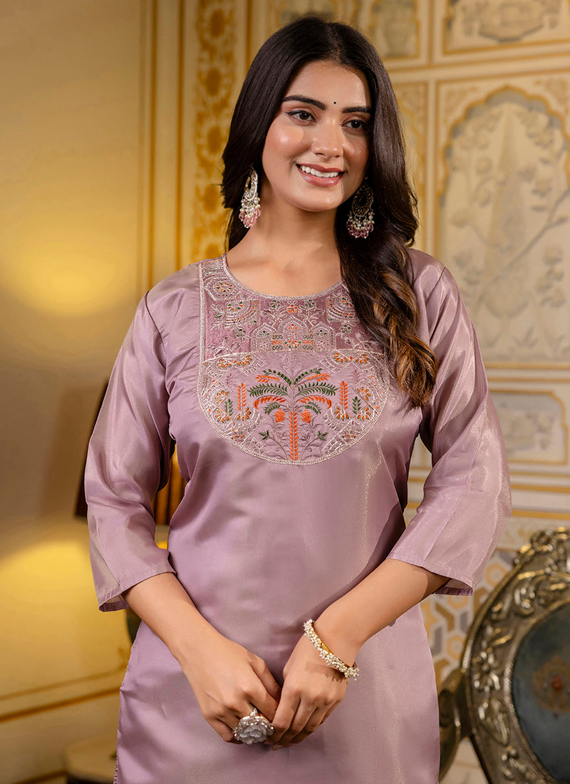 Vellora Shimmer Silk Lavender Casual Wear Embroidery Work Readymade Kurti