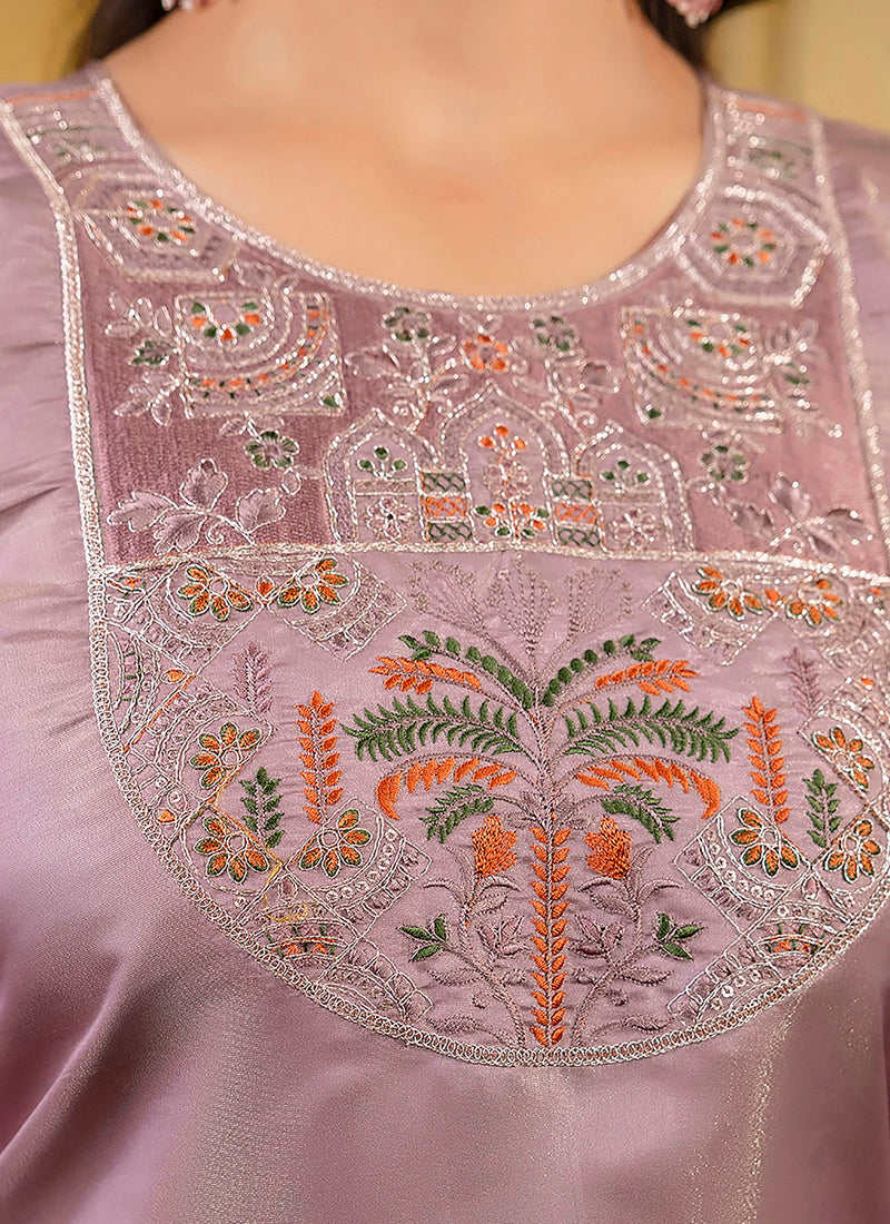Vellora Shimmer Silk Lavender Casual Wear Embroidery Work Readymade Kurti