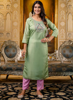 Thumbnail for Vellora Shimmer Silk Pista Casual Wear Embroidery Work Readymade Kurti