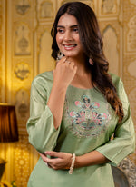 Thumbnail for Vellora Shimmer Silk Pista Casual Wear Embroidery Work Readymade Kurti