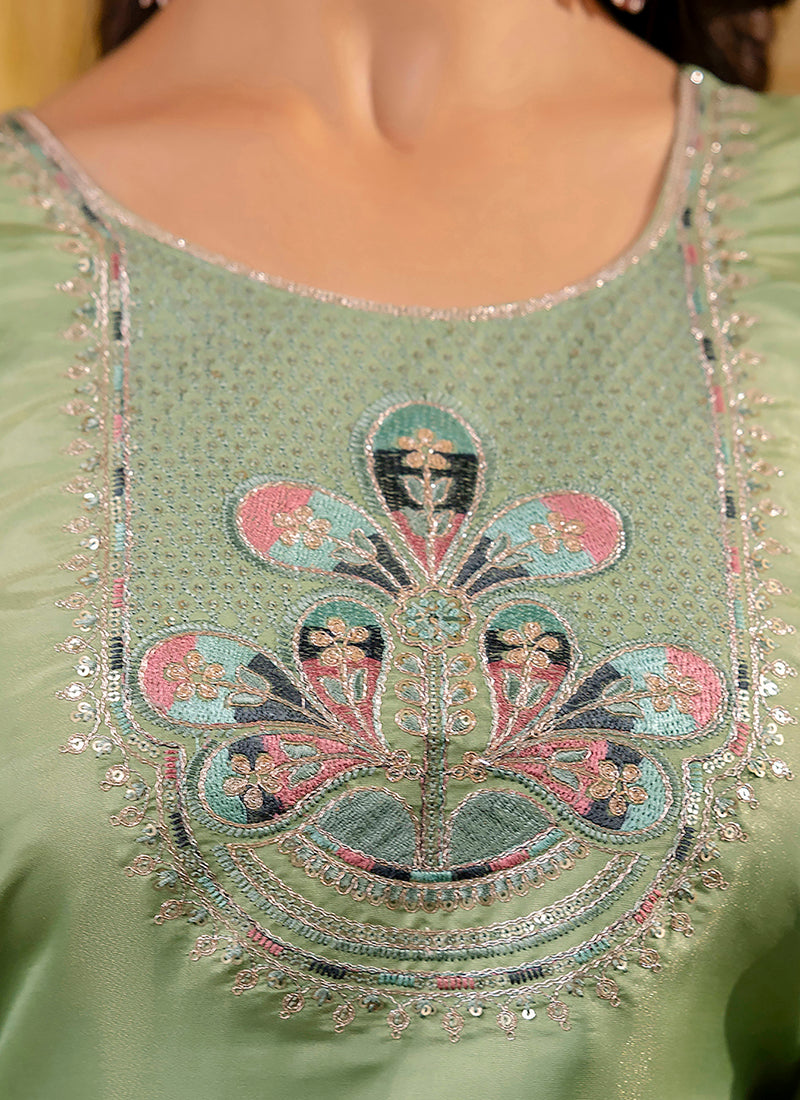 Vellora Shimmer Silk Pista Casual Wear Embroidery Work Readymade Kurti