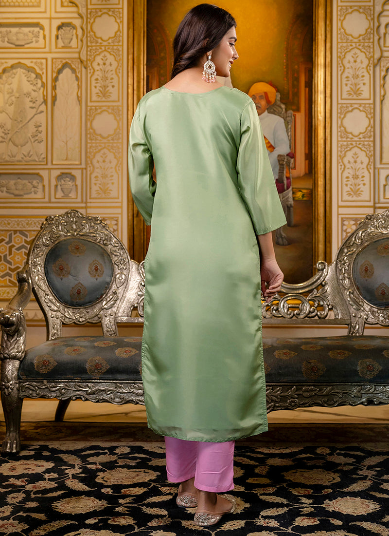 Vellora Shimmer Silk Pista Casual Wear Embroidery Work Readymade Kurti