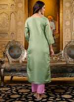 Thumbnail for Vellora Shimmer Silk Pista Casual Wear Embroidery Work Readymade Kurti