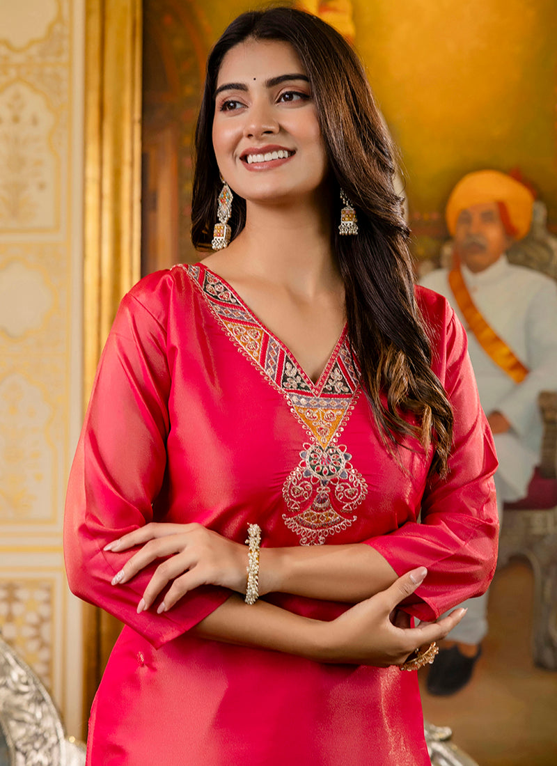 Vellora Shimmer Silk Rani Casual Wear Embroidery Work Readymade Kurti