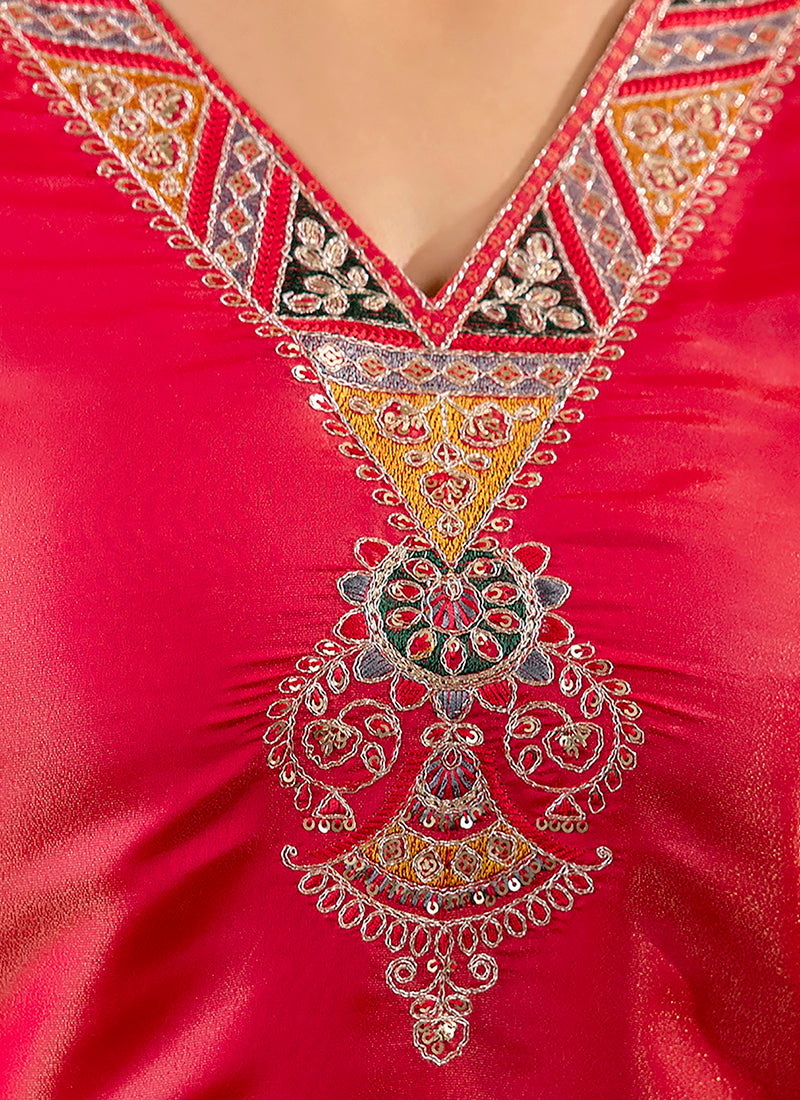 Vellora Shimmer Silk Rani Casual Wear Embroidery Work Readymade Kurti
