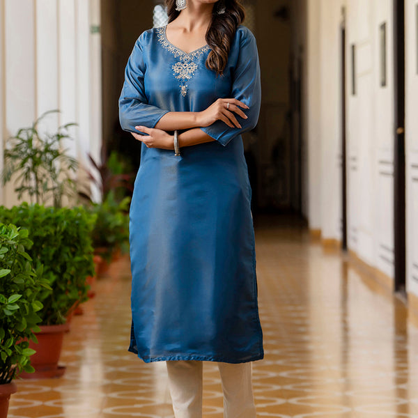 Vellora Shimmer Silk Teal Casual Wear Embroidery Work Readymade Kurti