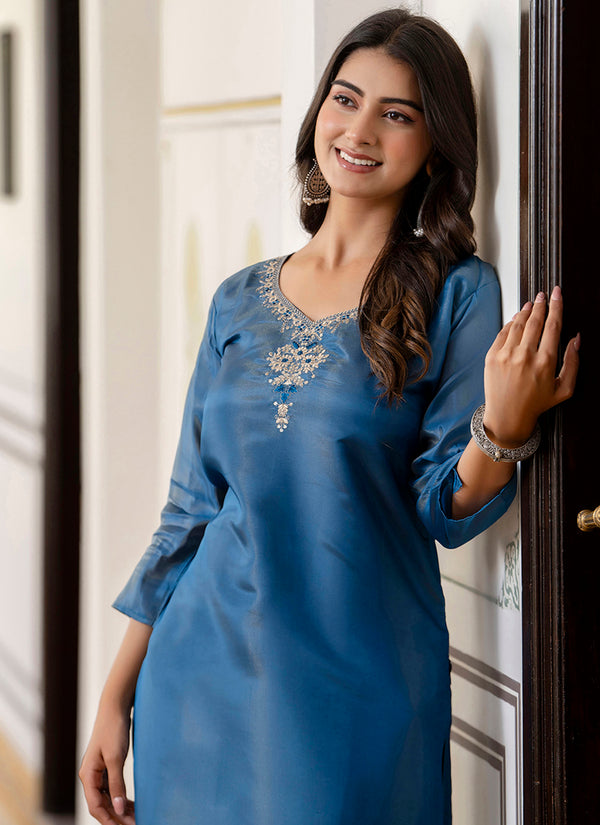 Vellora Shimmer Silk Teal Casual Wear Embroidery Work Readymade Kurti
