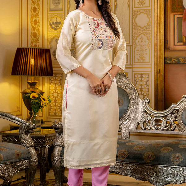 Vellora Shimmer Silk Cream Casual Wear Embroidery Work Readymade Kurti