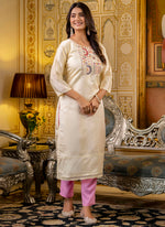 Thumbnail for Vellora Shimmer Silk Cream Casual Wear Embroidery Work Readymade Kurti