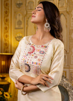 Thumbnail for Vellora Shimmer Silk Cream Casual Wear Embroidery Work Readymade Kurti