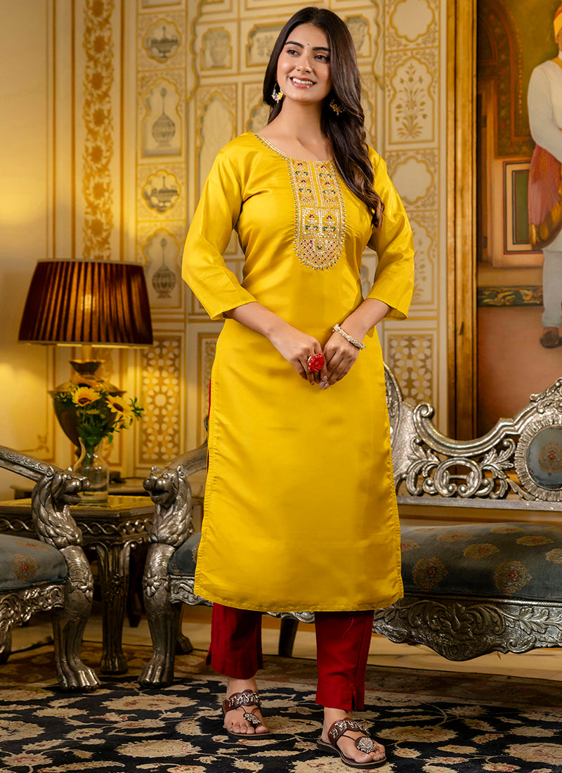 Vellora Shimmer Silk Mustard Casual Wear Embroidery Work Readymade Kurti