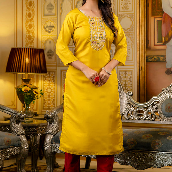 Vellora Shimmer Silk Mustard Casual Wear Embroidery Work Readymade Kurti - Distacart