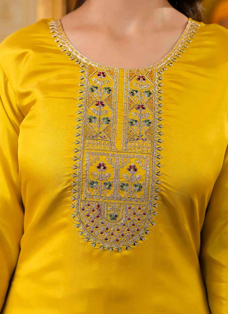 Vellora Shimmer Silk Mustard Casual Wear Embroidery Work Readymade Kurti