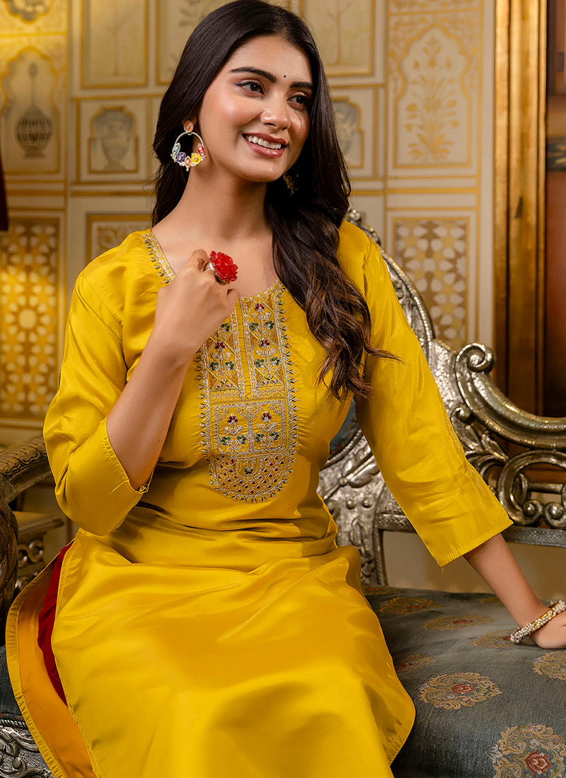 Vellora Shimmer Silk Mustard Casual Wear Embroidery Work Readymade Kurti