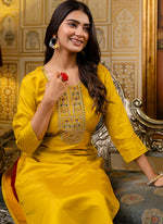 Thumbnail for Vellora Shimmer Silk Mustard Casual Wear Embroidery Work Readymade Kurti