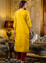 Thumbnail for Vellora Shimmer Silk Mustard Casual Wear Embroidery Work Readymade Kurti