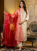 Thumbnail for Vellora Silk Blend Cream Occasional Wear Embroidery Work Readymade Salwar Suit