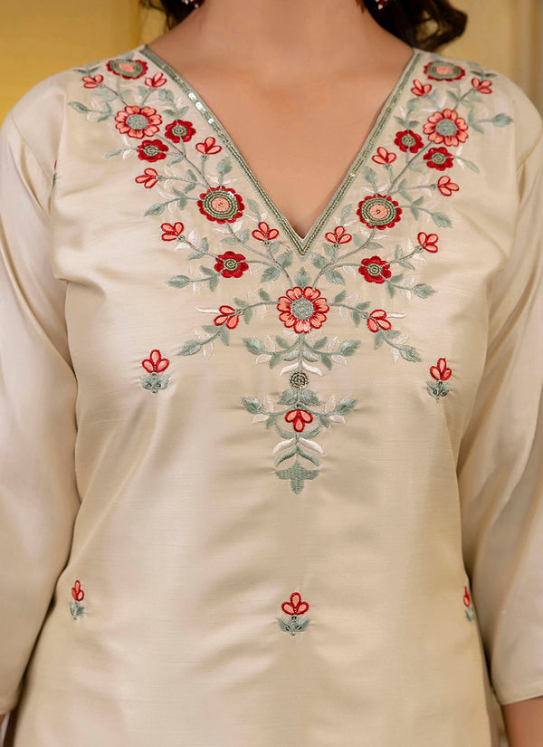 Vellora Silk Blend Cream Occasional Wear Embroidery Work Readymade Salwar Suit