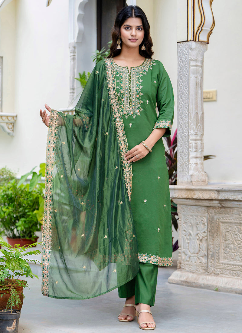 Vellora Silk Blend Green Occasional Wear Embroidery Work Readymade Salwar Suit