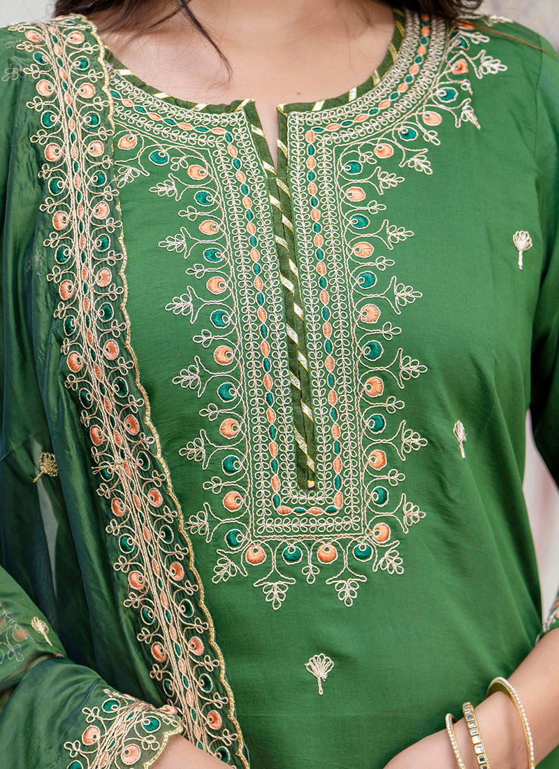 Vellora Silk Blend Green Occasional Wear Embroidery Work Readymade Salwar Suit