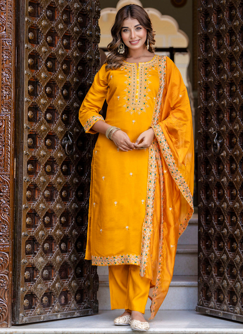 Vellora Silk Blend Mustard Occasional Wear Embroidery Work Readymade Salwar Suit