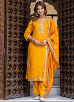 Thumbnail for Vellora Silk Blend Mustard Occasional Wear Embroidery Work Readymade Salwar Suit