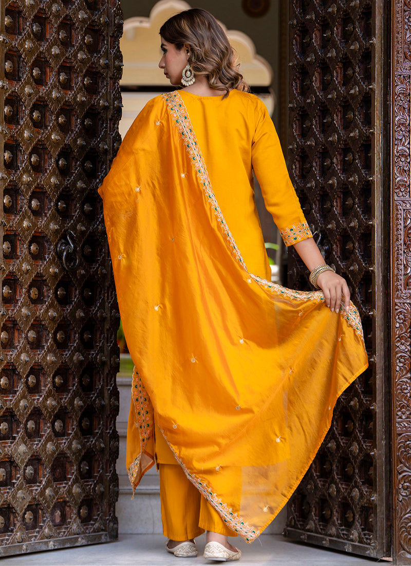 Vellora Silk Blend Mustard Occasional Wear Embroidery Work Readymade Salwar Suit