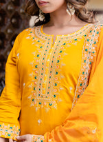 Thumbnail for Vellora Silk Blend Mustard Occasional Wear Embroidery Work Readymade Salwar Suit