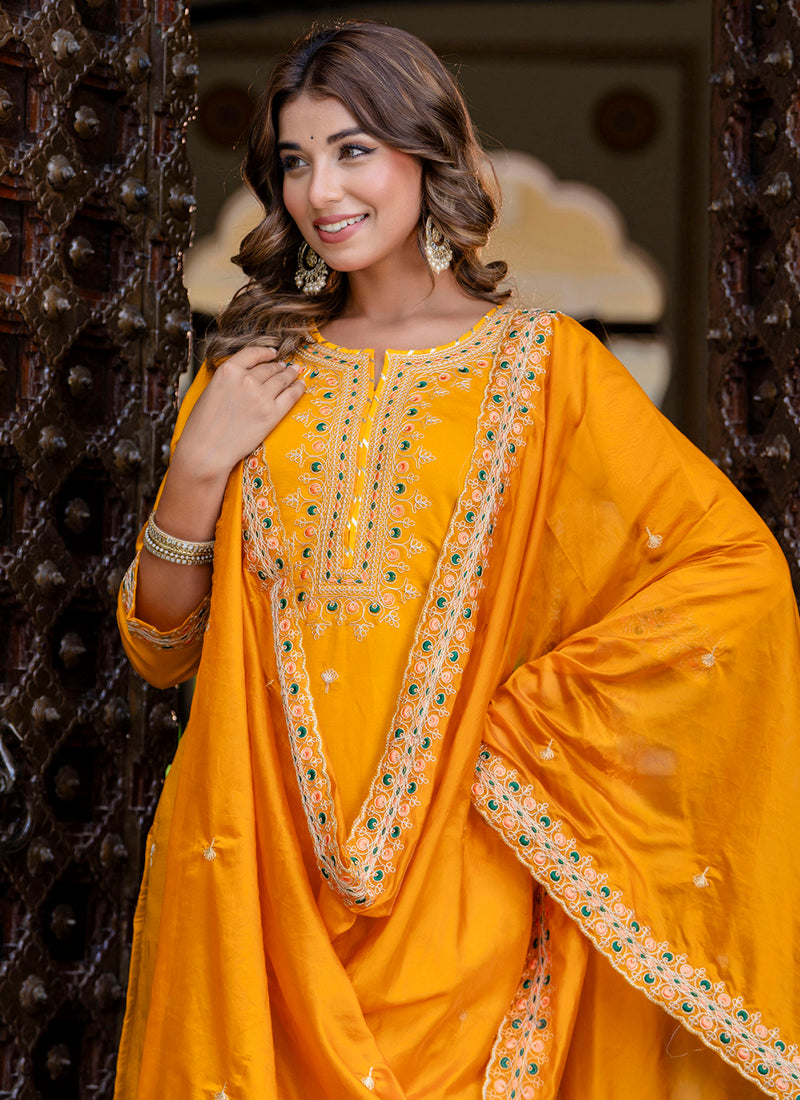 Vellora Silk Blend Mustard Occasional Wear Embroidery Work Readymade Salwar Suit