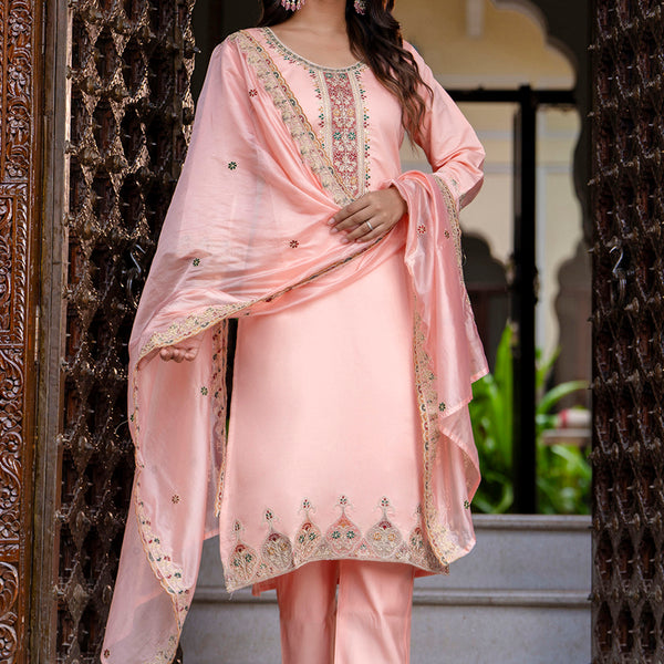 Vellora Silk Blend Peach Occasional Wear Embroidery Work Readymade Salwar Suit - Distacart