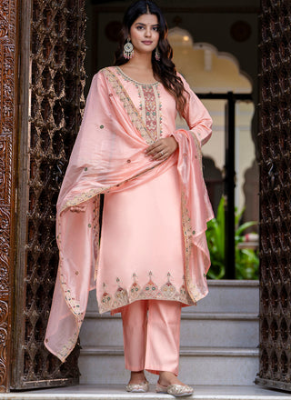 Vellora Silk Blend Peach Occasional Wear Embroidery Work Readymade Salwar Suit