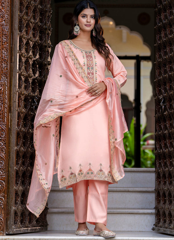 Vellora Silk Blend Peach Occasional Wear Embroidery Work Readymade Salwar Suit