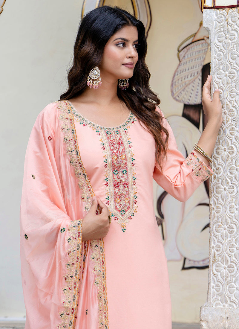 Vellora Silk Blend Peach Occasional Wear Embroidery Work Readymade Salwar Suit
