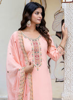 Thumbnail for Vellora Silk Blend Peach Occasional Wear Embroidery Work Readymade Salwar Suit