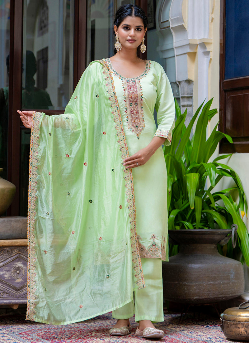 Vellora Silk Blend Light Green Occasional Wear Embroidery Work Readymade Salwar Suit