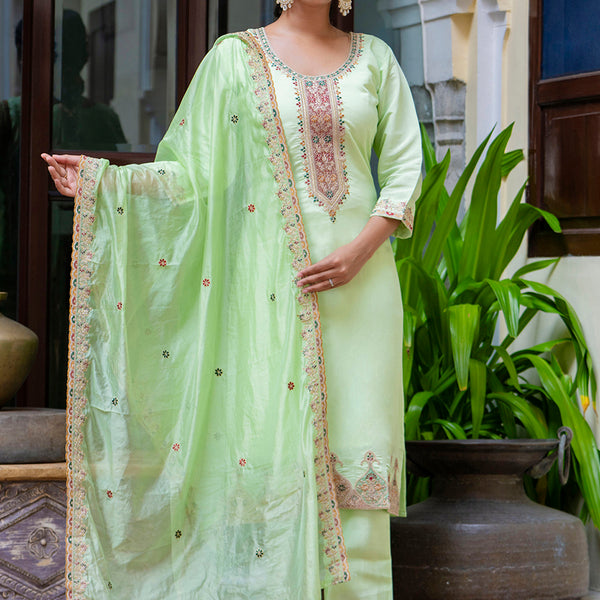 Vellora Silk Blend Light Green Occasional Wear Embroidery Work Readymade Salwar Suit - Distacart