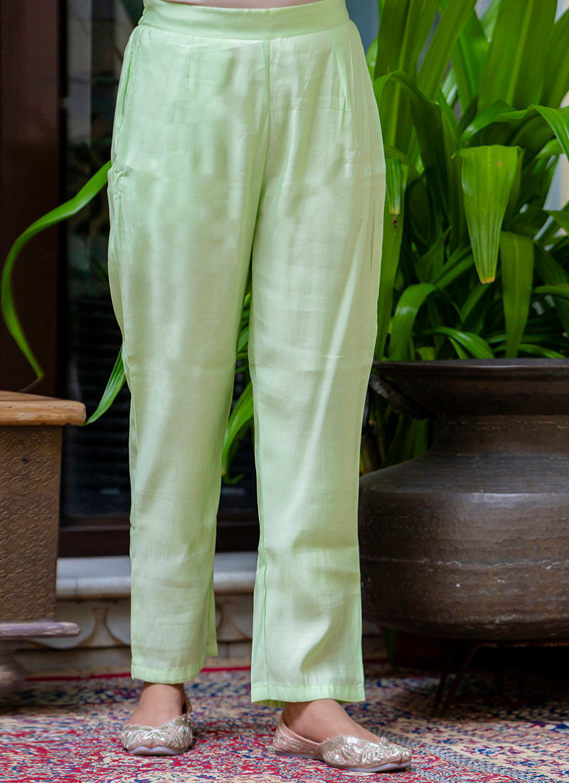 Vellora Silk Blend Light Green Occasional Wear Embroidery Work Readymade Salwar Suit