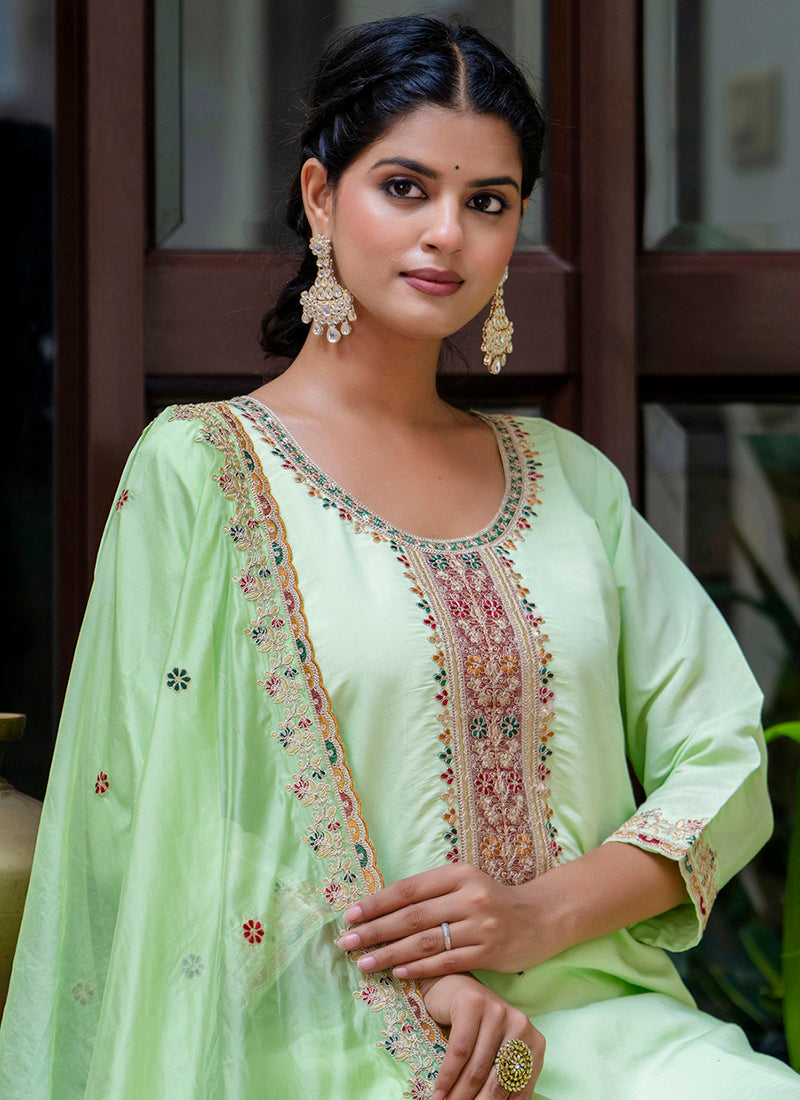 Vellora Silk Blend Light Green Occasional Wear Embroidery Work Readymade Salwar Suit