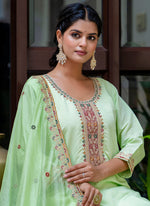 Thumbnail for Vellora Silk Blend Light Green Occasional Wear Embroidery Work Readymade Salwar Suit